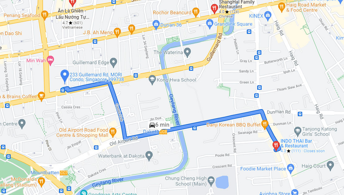 It will take about 6 minutes to drive from Mori Condo to INDO THAI Bar & Restaurant